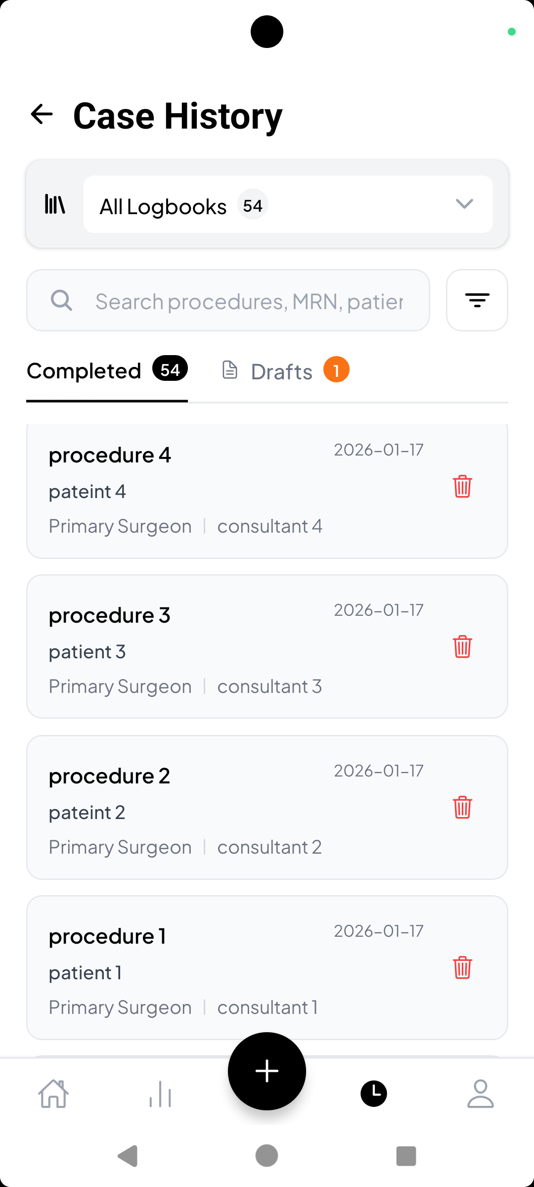 Case History – Completed and drafts, filter by logbook, search procedures and MRN